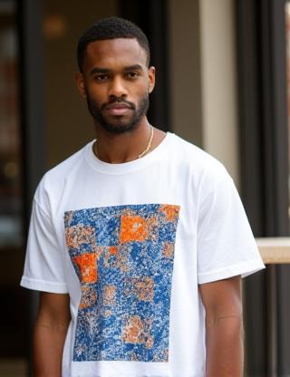 Batik Blocks Tee in white on model, batik-inspired graphic