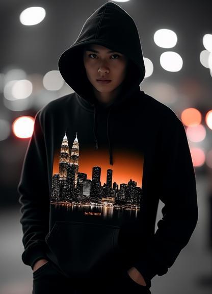 Model wearing black KL Nights Hoodie with city skyline print